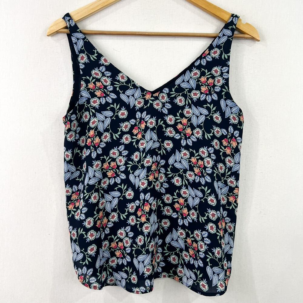 LOFT Floral Double V Neck Tank Top Blouse XXS Floral Feminine Flattering Chiffon - Picture 2 of 7